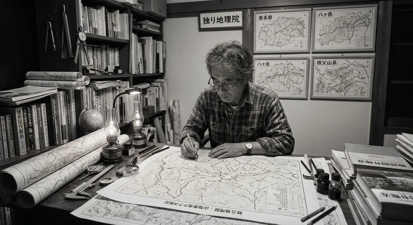 横浜の工房で、ランプの灯りのもと地図を独り描き直すエンジニア。