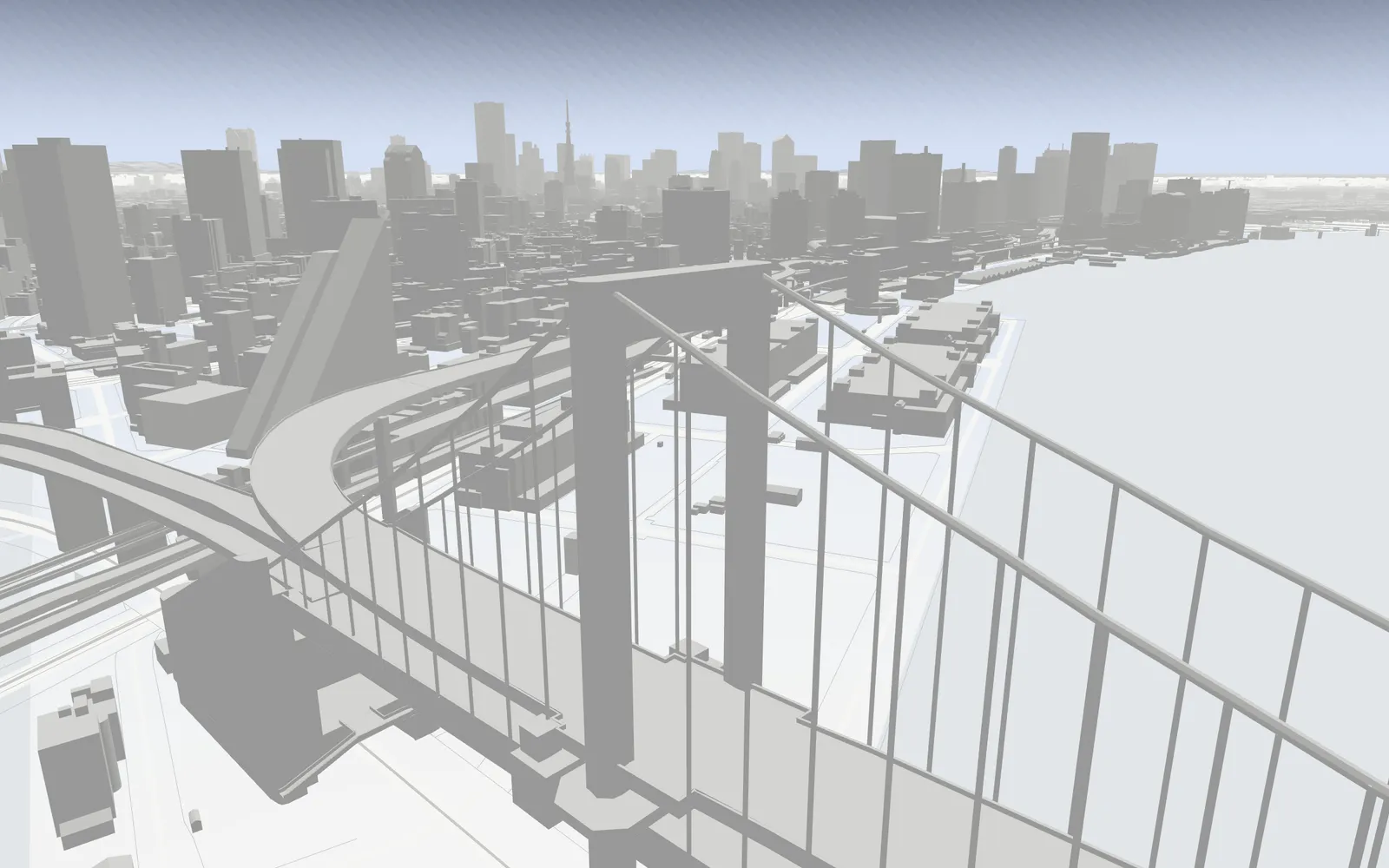 PLATEAU 3D buildings of central Tokyo with the Rainbow Bridge, rendered from GSI vector tiles